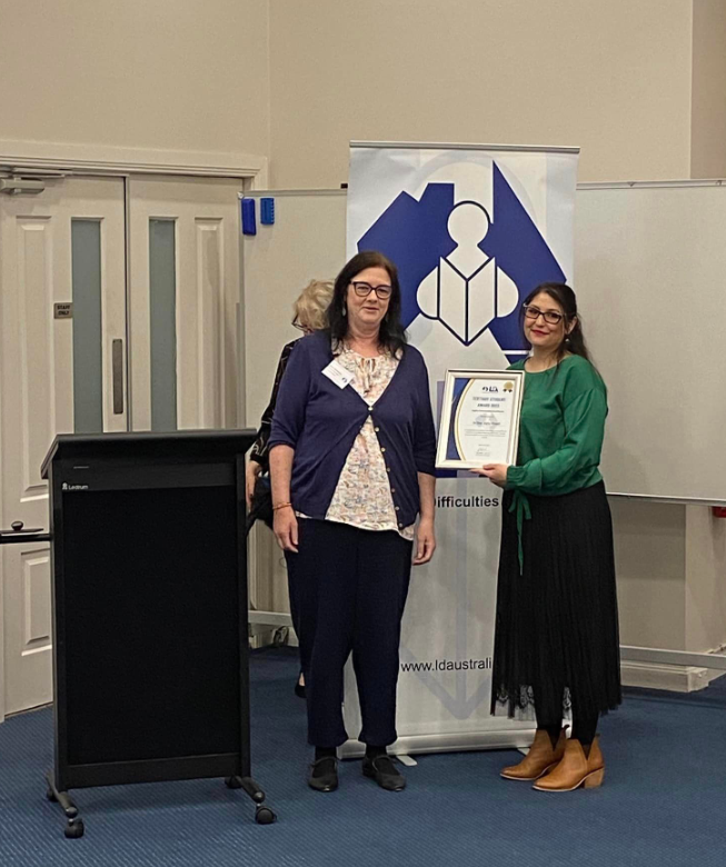 Shae recieves a Highly Commended for my research Dyslexia:The Hidden Disability in the Workplace from Learning Difficulties Australia